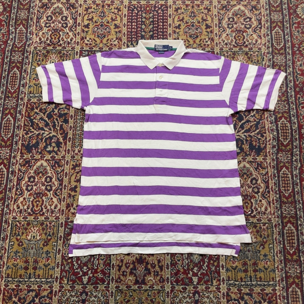VTG 80s 90s Polo Ralph Lauren L Purple White Striped Short Sleeve Cotton Polo